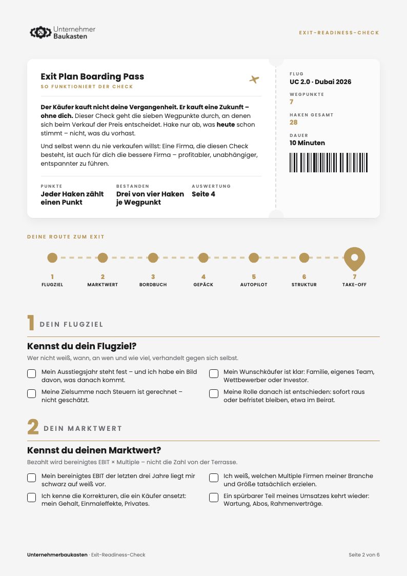 Seite 2: Exit Plan Boarding Pass, die Route mit sieben Wegpunkten und die Haken zu Flugziel und Marktwert